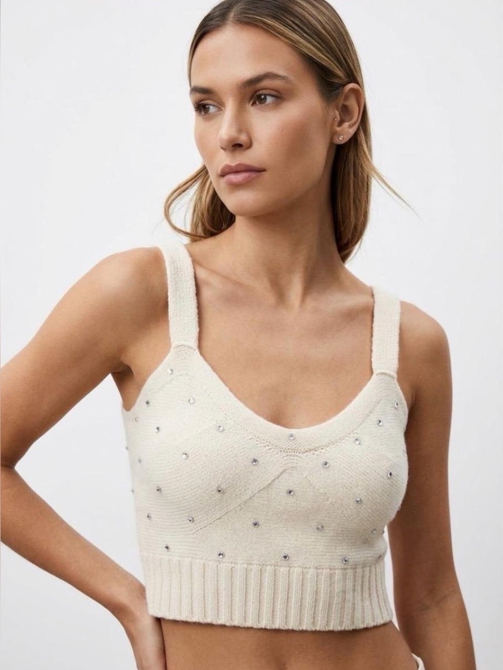 Zadig & Voltaire Bettina Crystal Cashmere Wool Knit Crop Top Ecru XS NWT